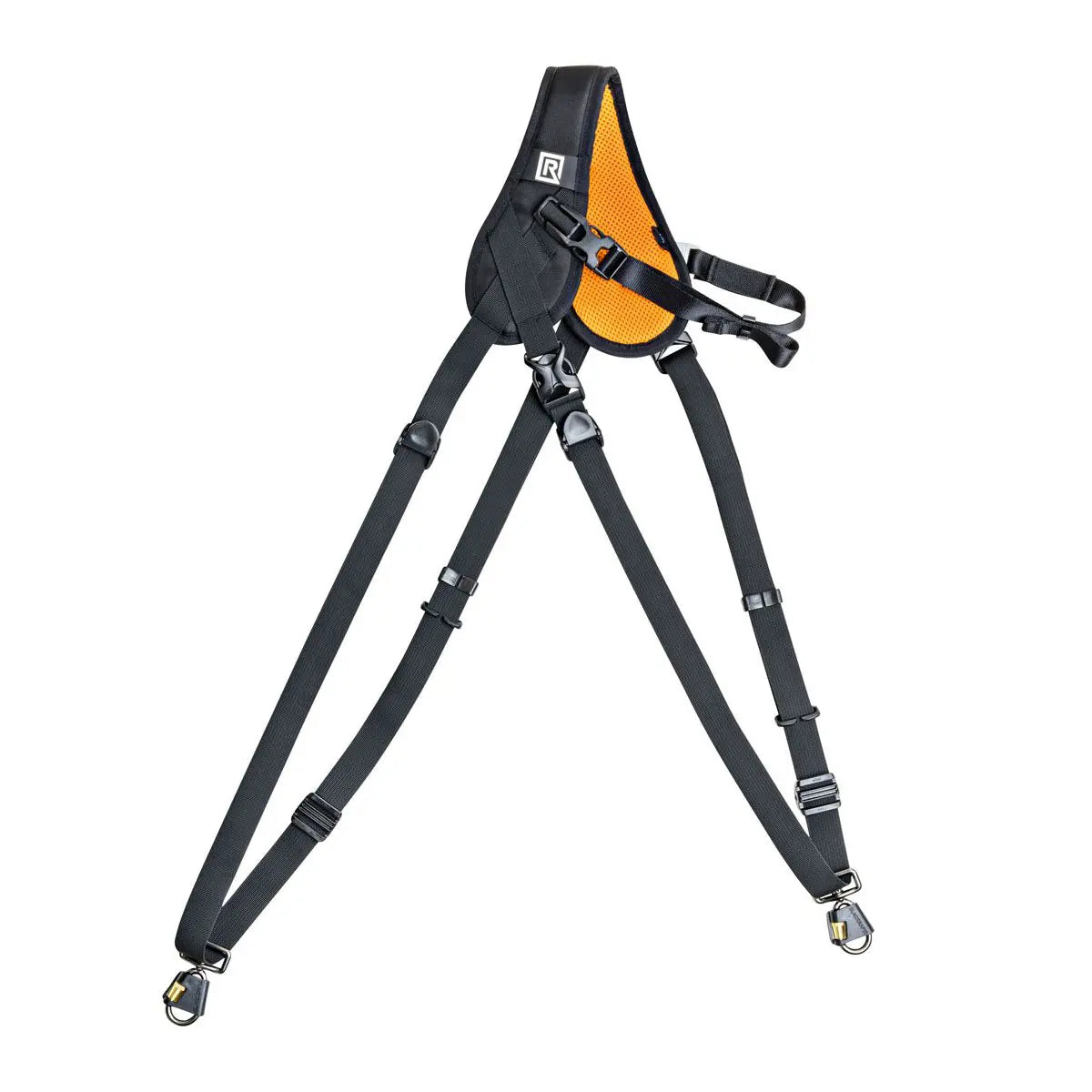 Black and orange safety harness on a white background