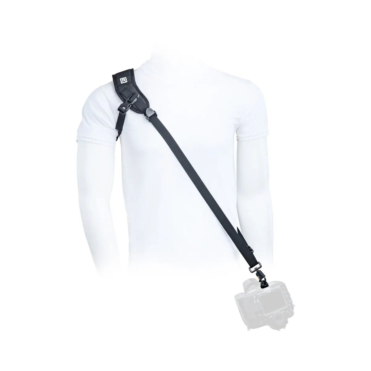White long-sleeve shirt with black shoulder strap on a white background