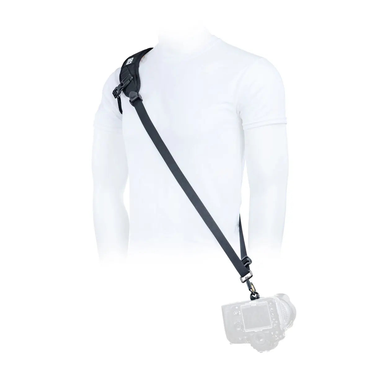 White long-sleeve shirt with a black camera strap on a white background
