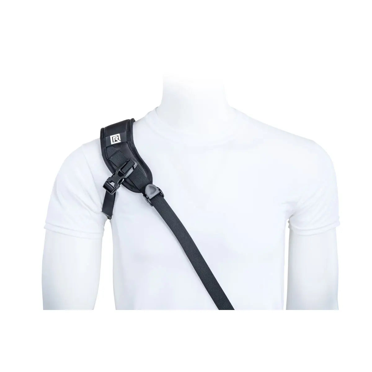 Black shoulder strap with a logo on a white mannequin