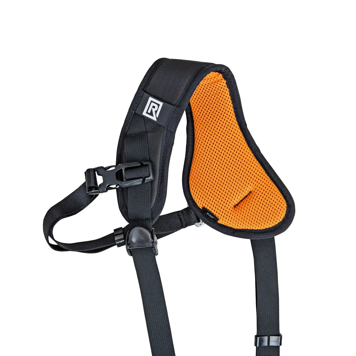 Orange and black shoulder harness with a brand logo on a white background