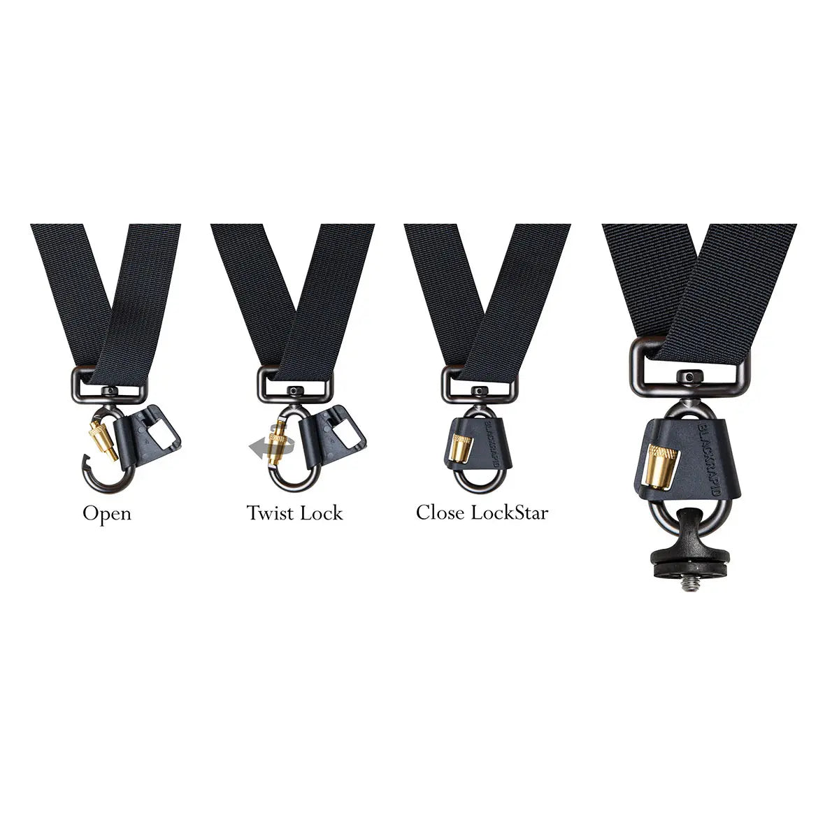Four stages of a black strap with different locking mechanisms on a white background.
