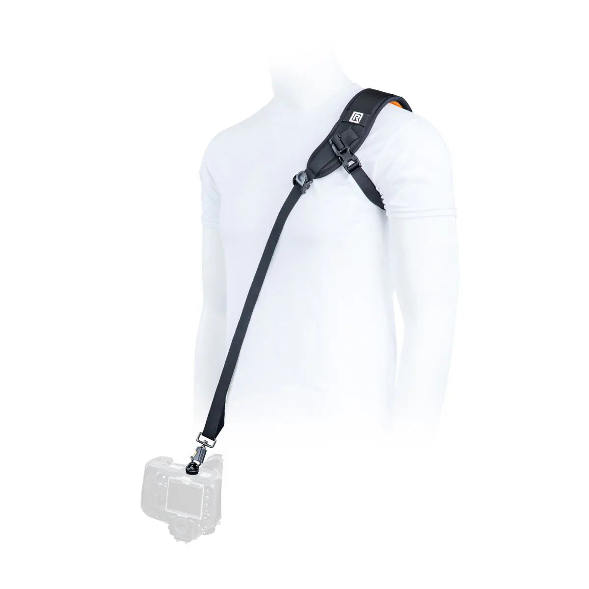 Black camera strap on a mannequin with a white background