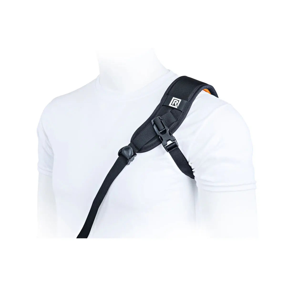 Black camera strap on a white background