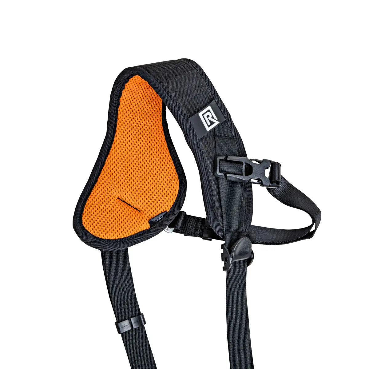 Orange and black dog harness on a white background