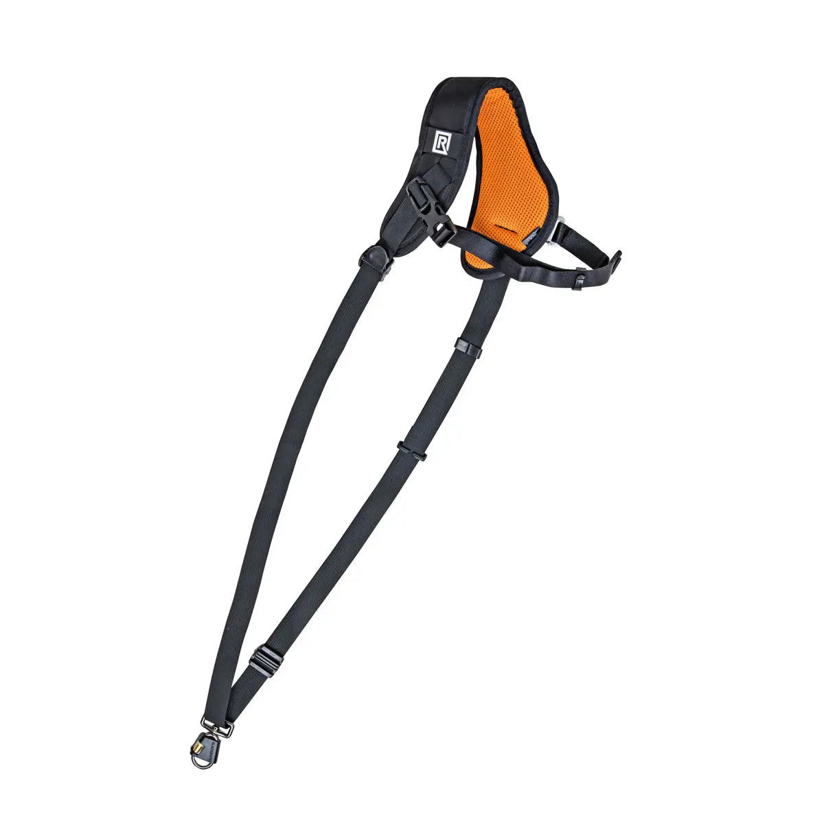 Black and orange safety harness on a white background