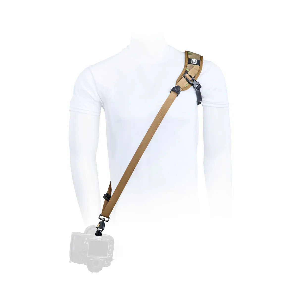 White shirt with a brown strap over the shoulder on a white background