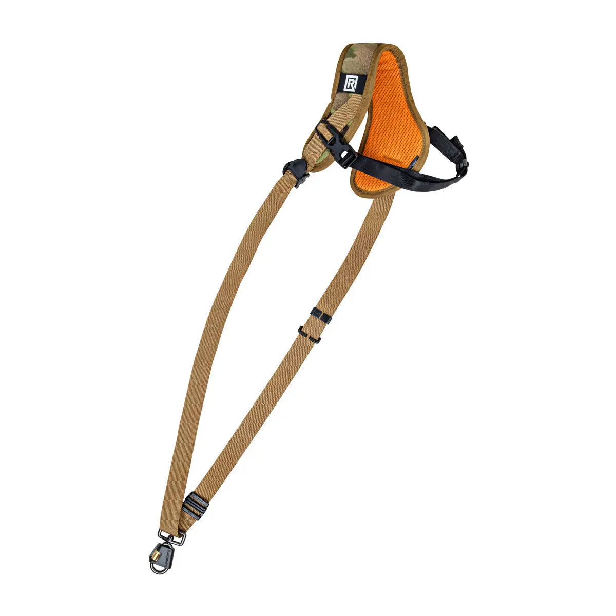 Dog harness with orange interior and beige exterior on a white background