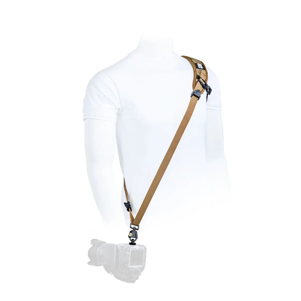 White shirt with a brown strap over the shoulder on a white background