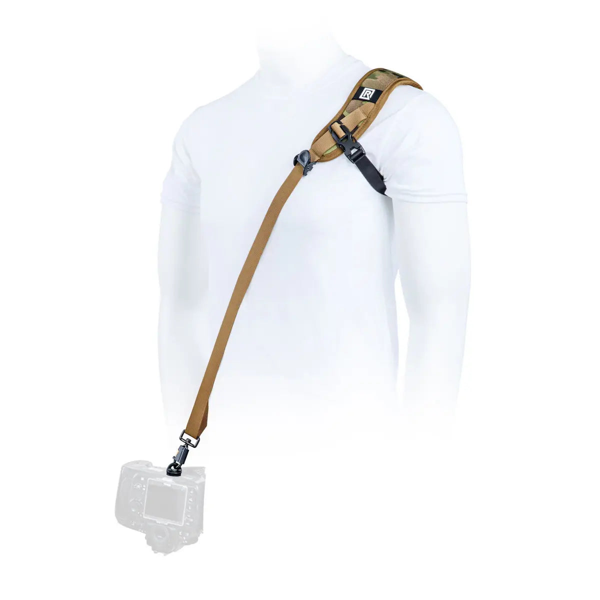 Brown shoulder strap with a clip on a white background