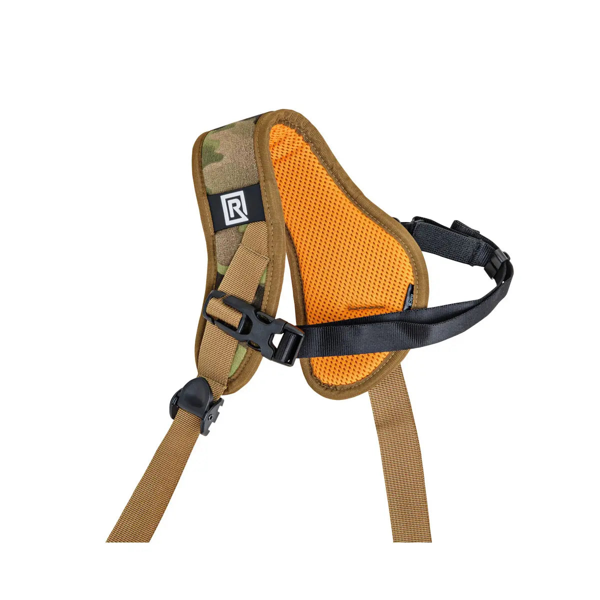 Dog harness with camouflage and orange design on a white background