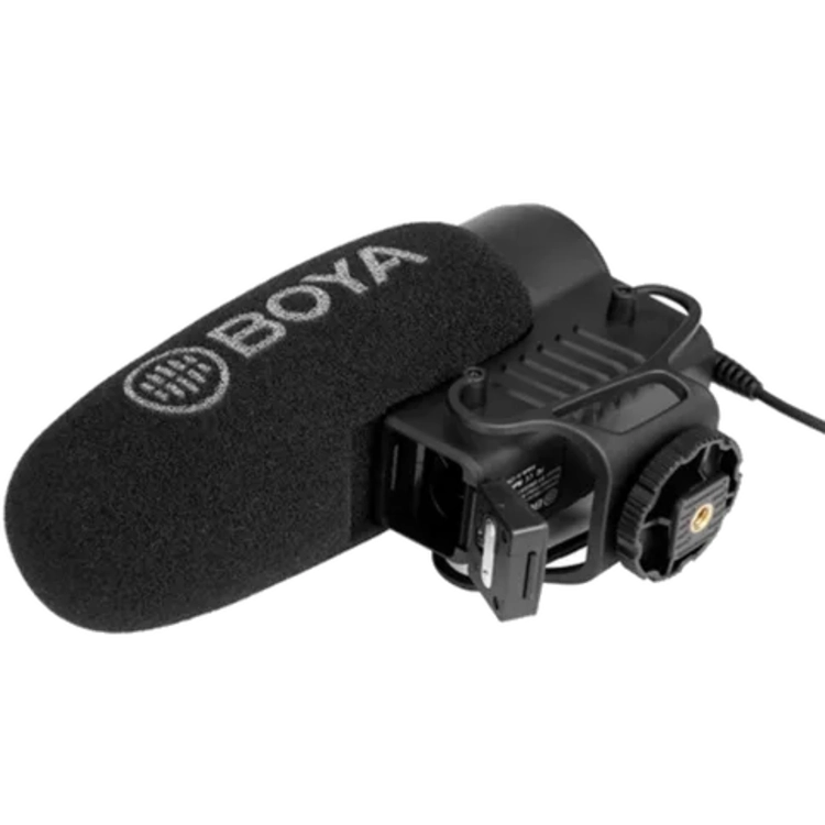 Black microphone with Boya logo on a white background