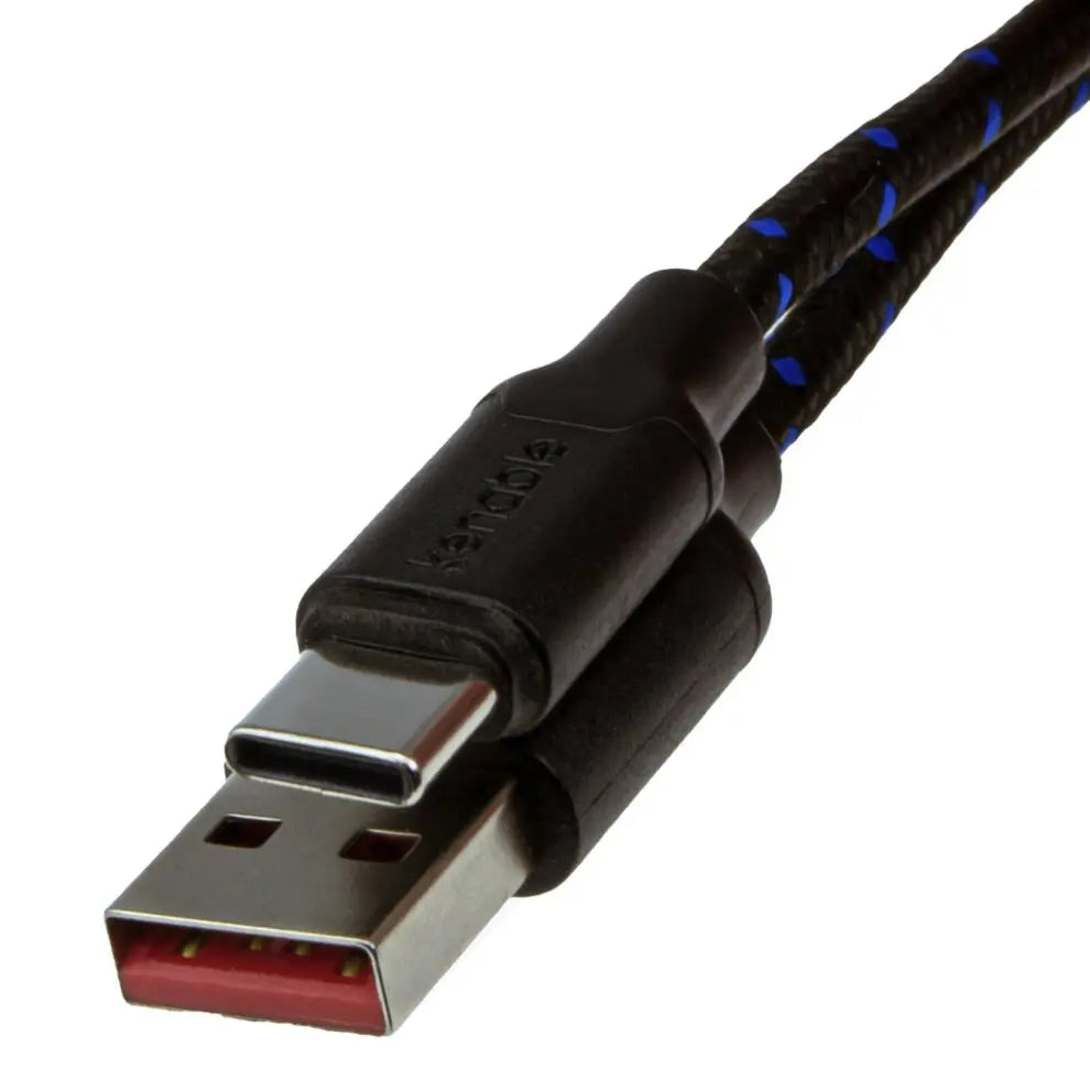 Close-up of a USB cable with black braided wire on a white background