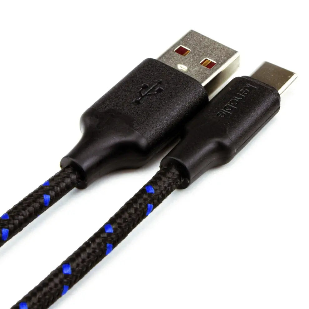 Black USB cable with braided design on a white background