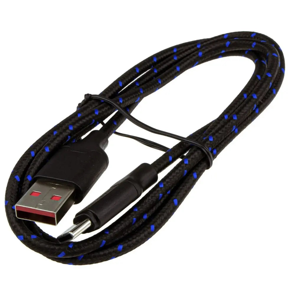 Black USB cable with blue braided texture on a white background