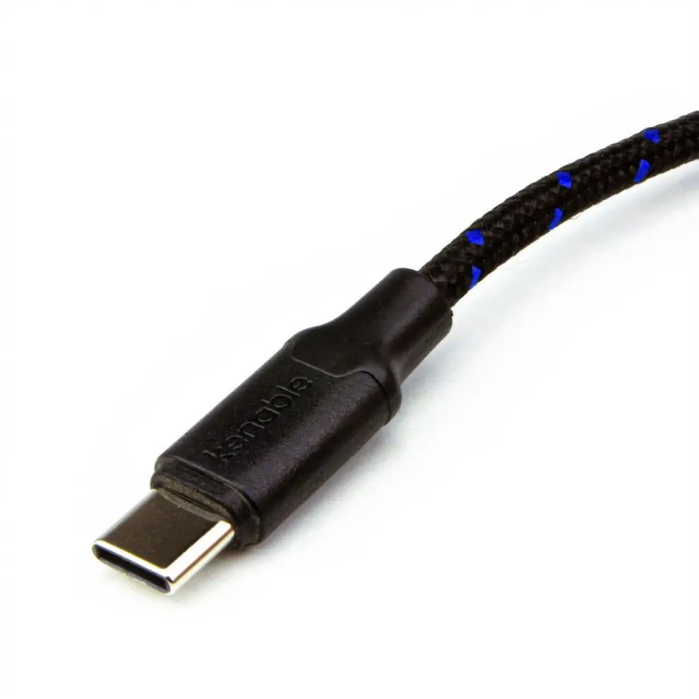 Black USB cable with blue accents on a white background