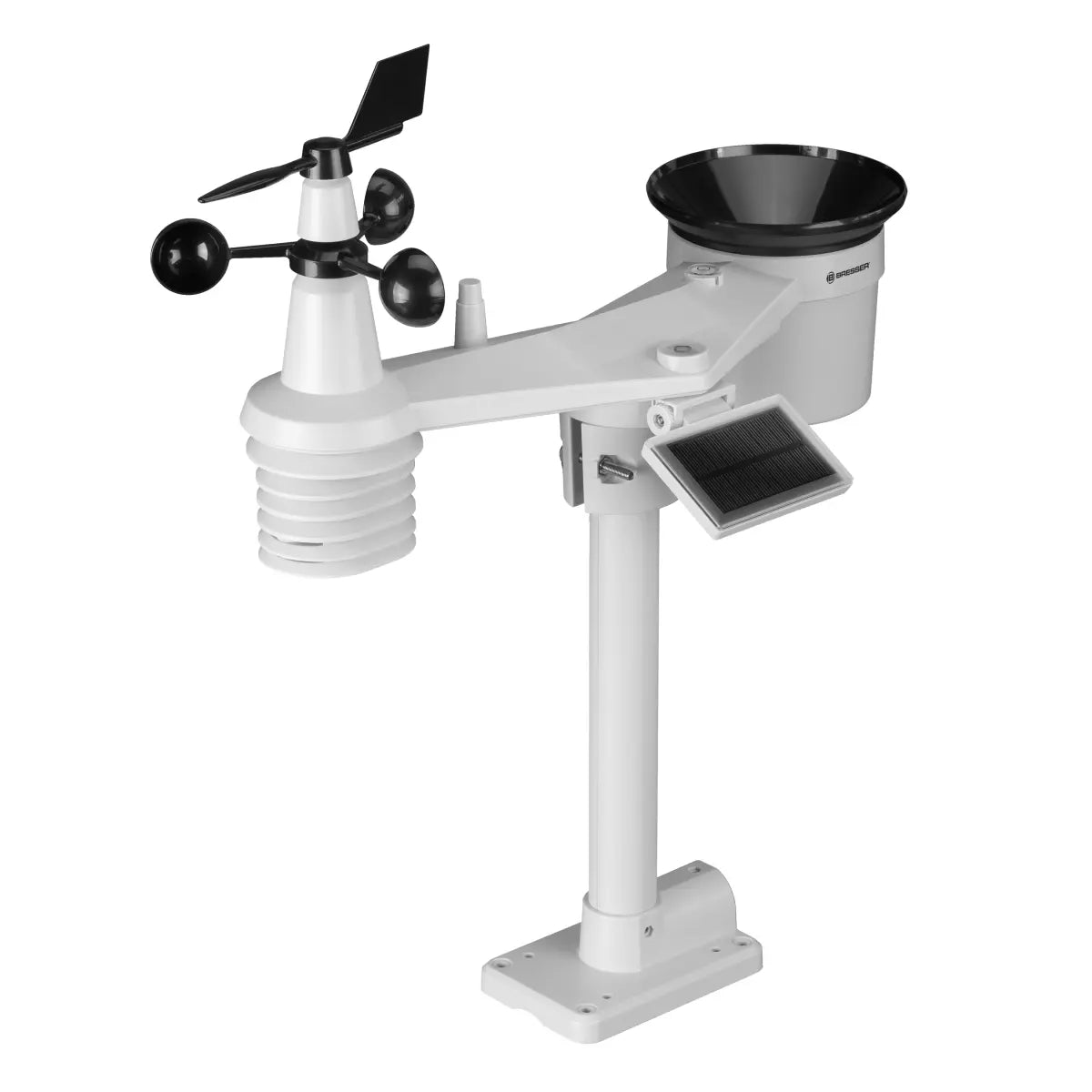 Weather station with an anemometer, wind vane, and digital display on a white background