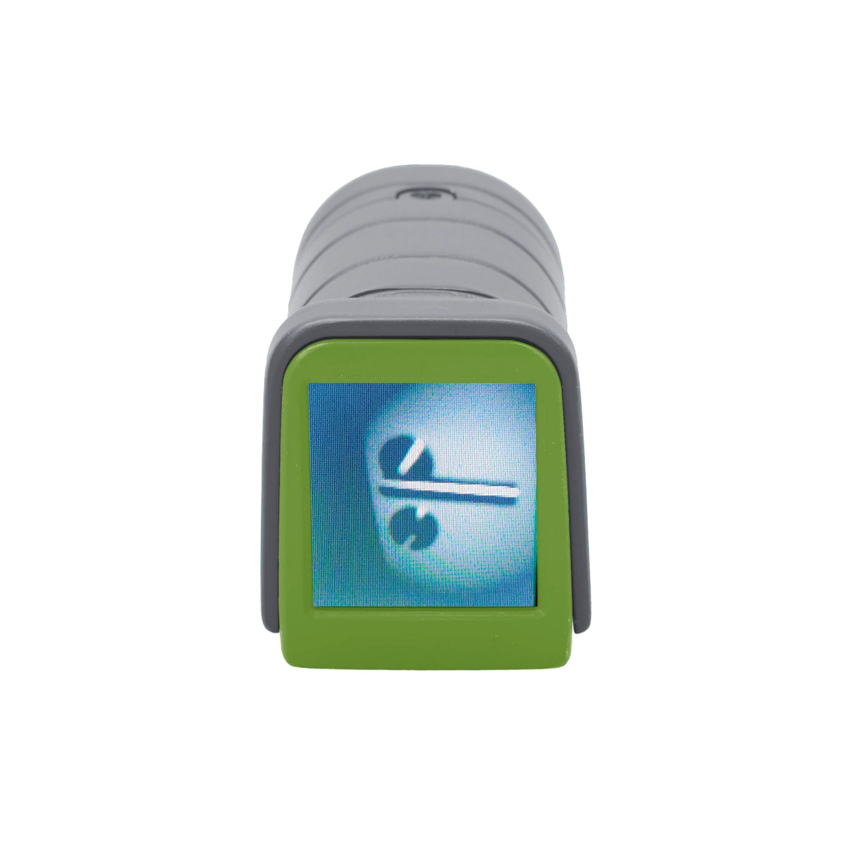 Green and gray device with a digital display on a white background