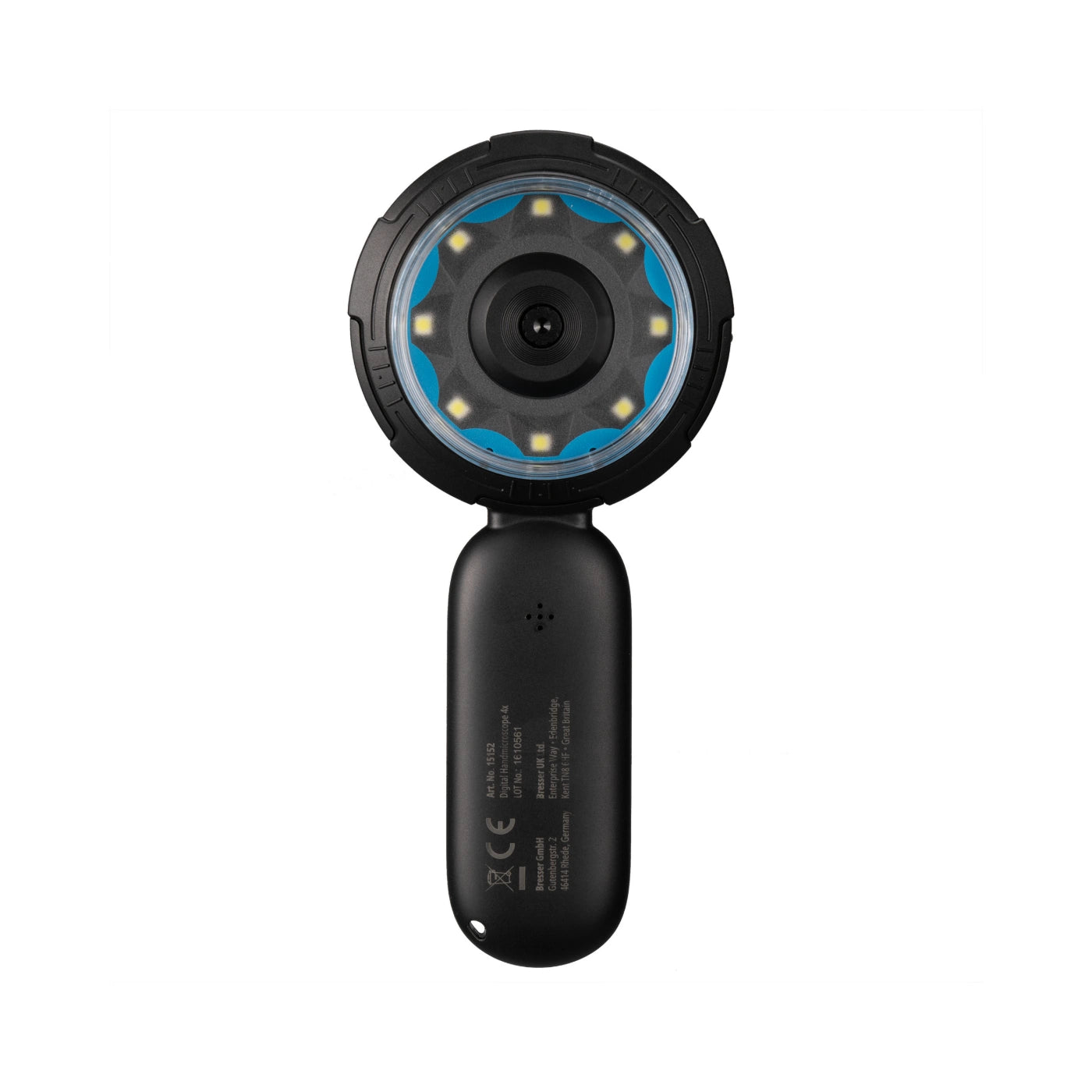 A black handheld camera with a circular lens assembly featuring blue accent rings and yellow LED lights, shown against a plain white background.