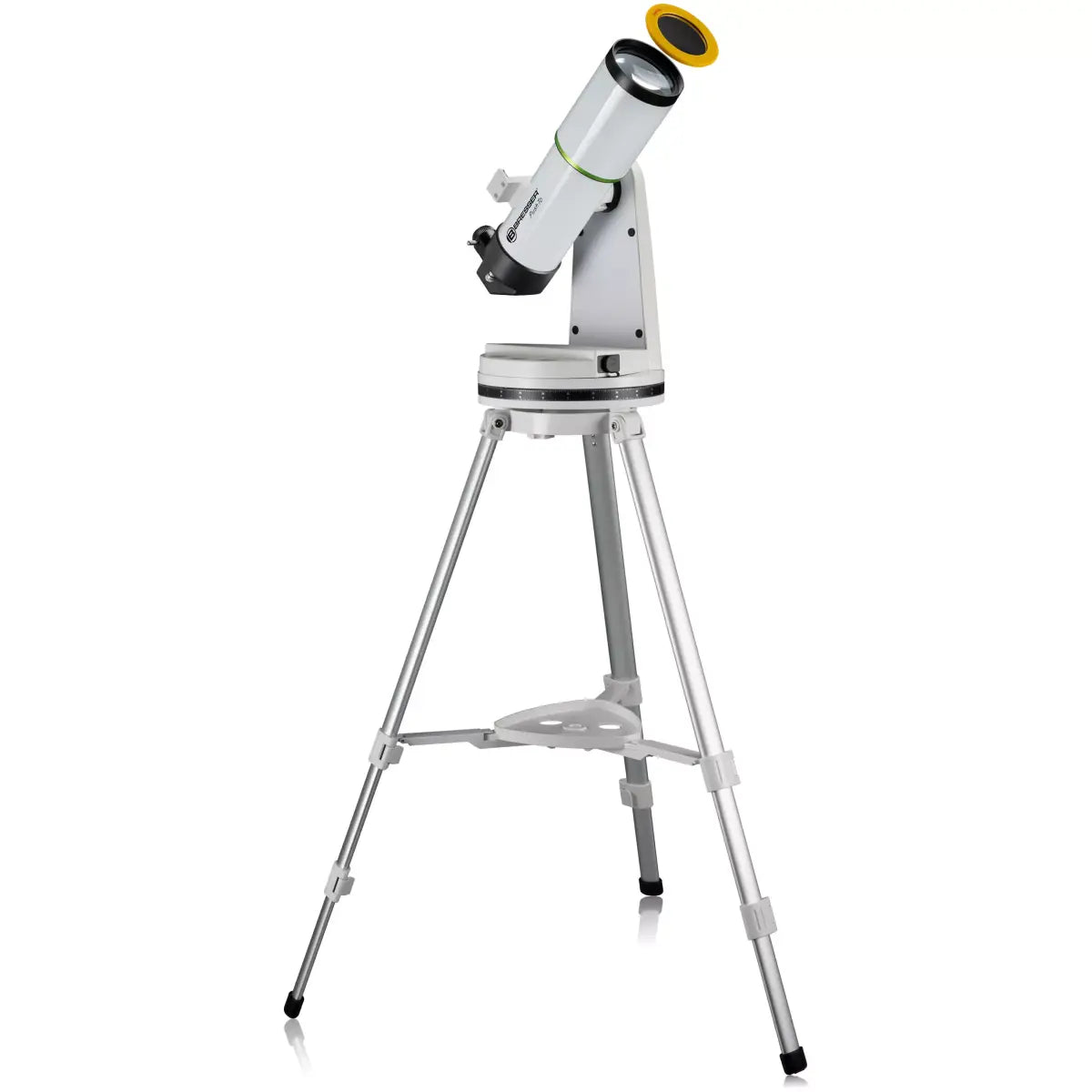 White telescope with a yellow accent on a white background