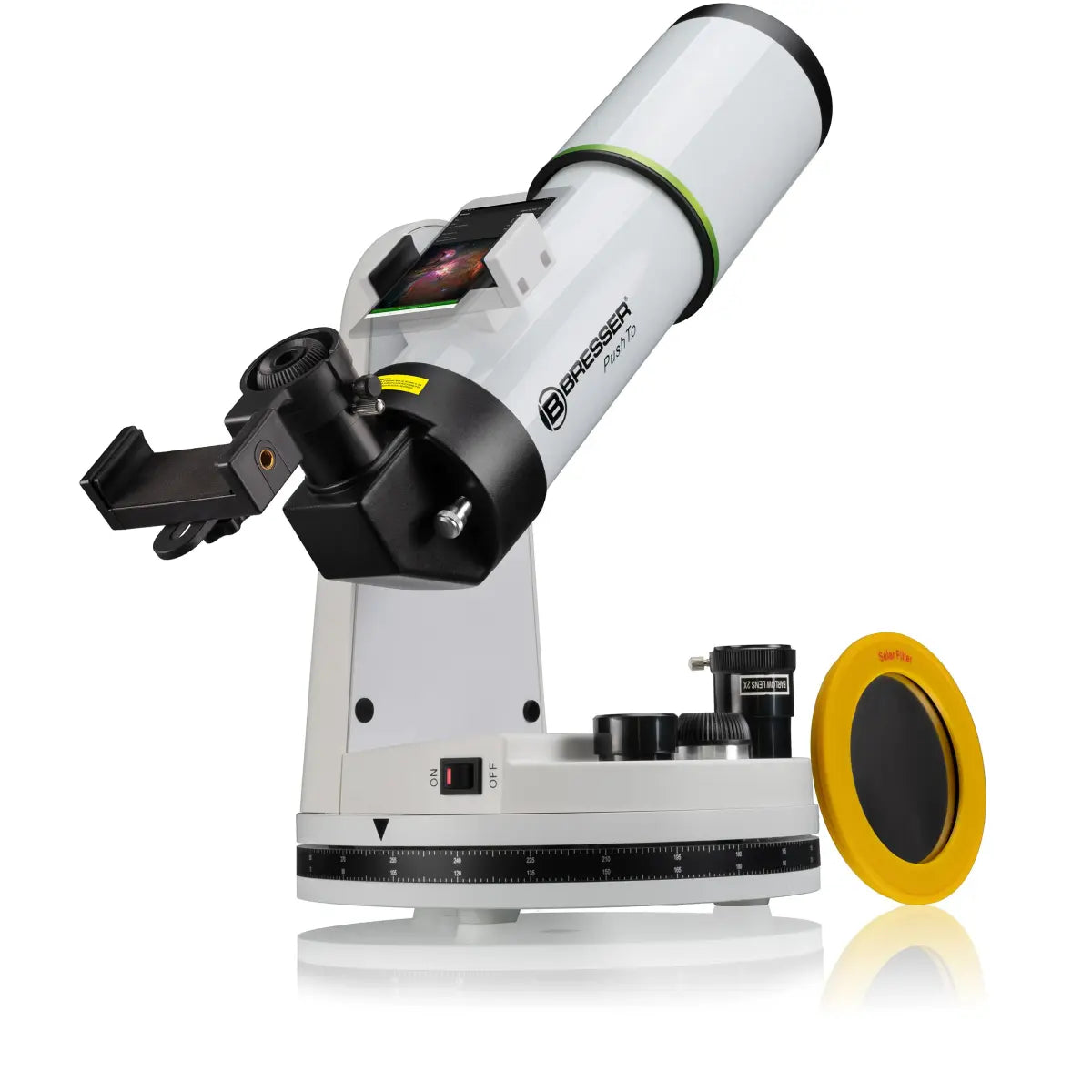 Telescope with a yellow eyepiece on a white background