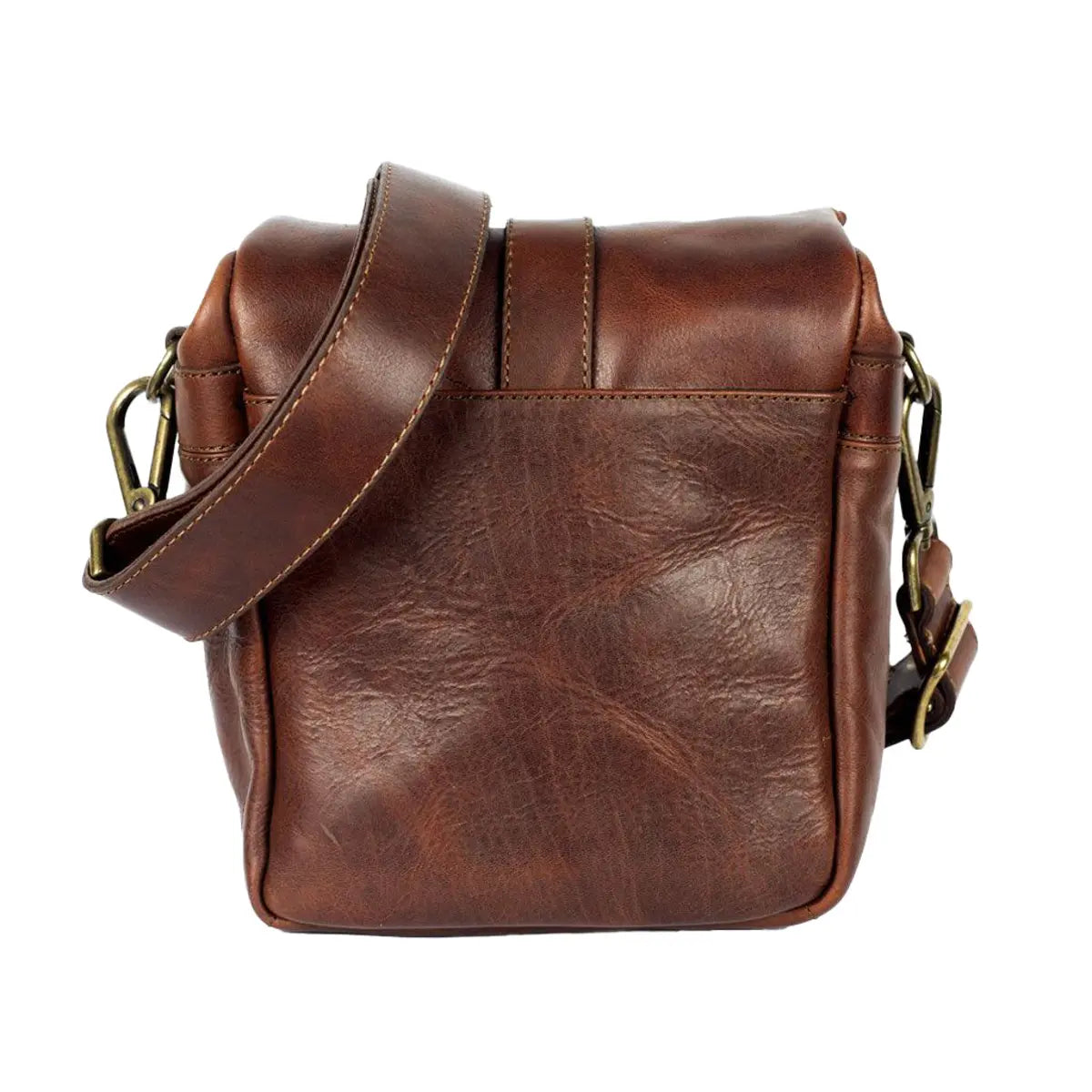 Brown leather shoulder bag on a white background
