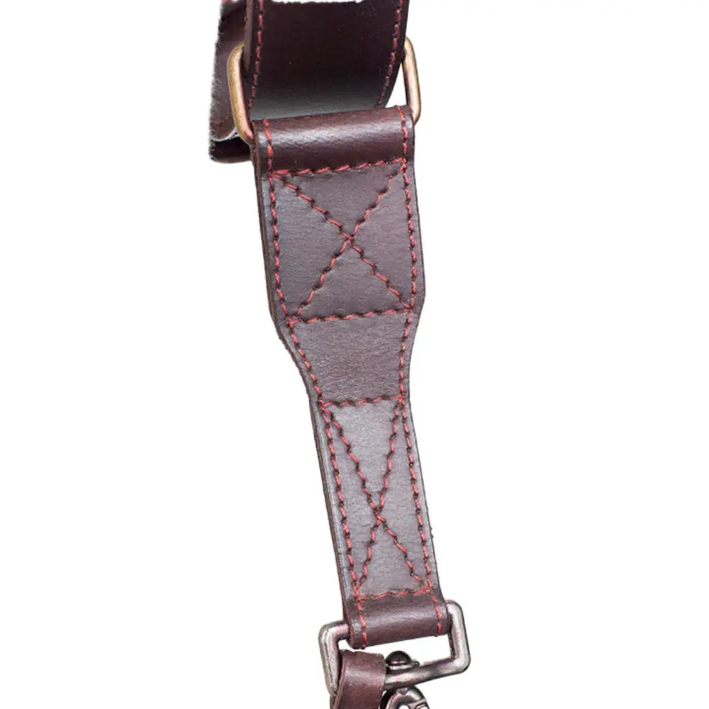 Close-up of a brown leather strap with red stitching on a white background