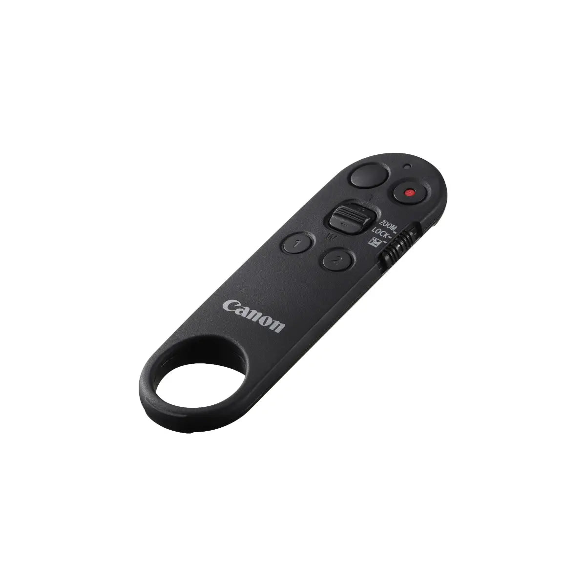 Black Canon remote control on a white background