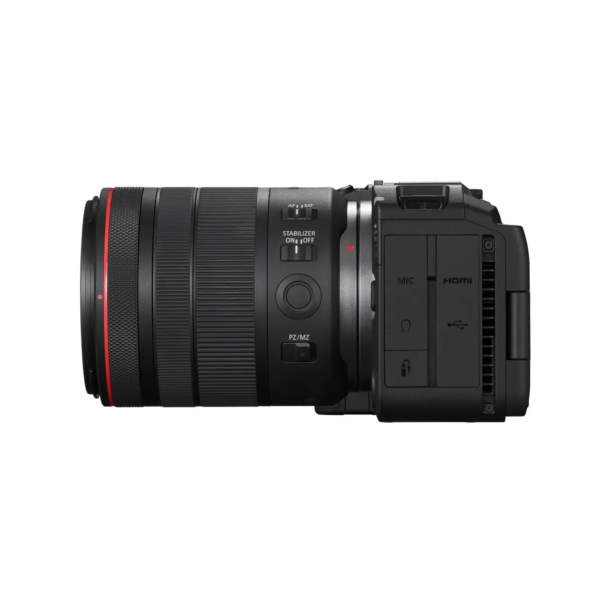 Camera lens with control buttons on a white background
