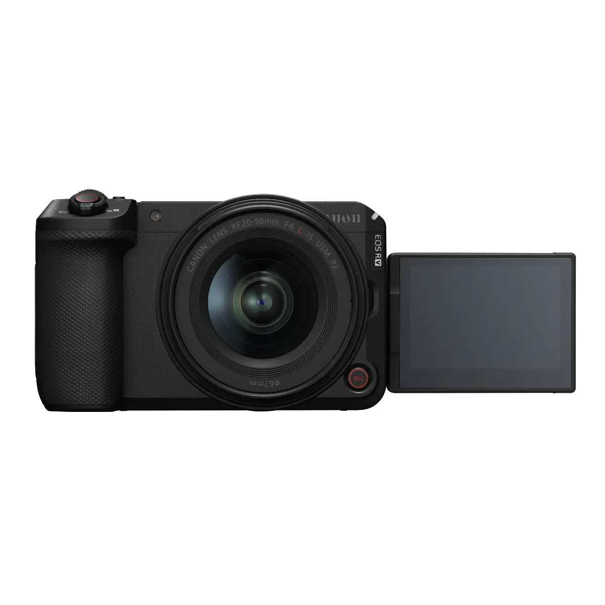 Black camera with a flip-out screen on a white background