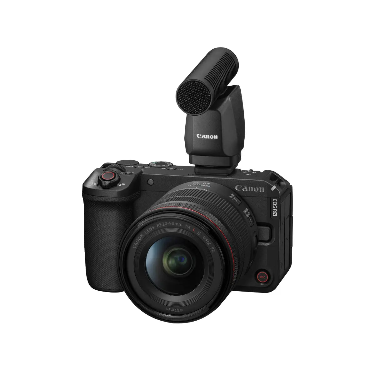 Canon camera with microphone on a white background