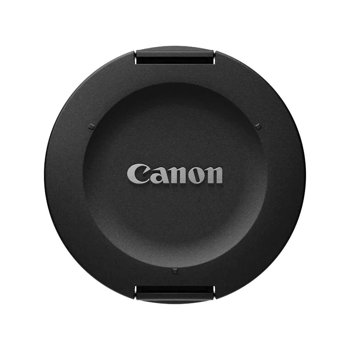 Black Canon lens cap on a white background