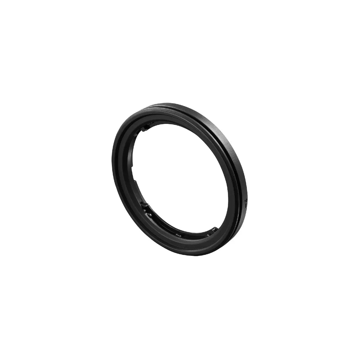 Black camera lens mount adapter on a white background