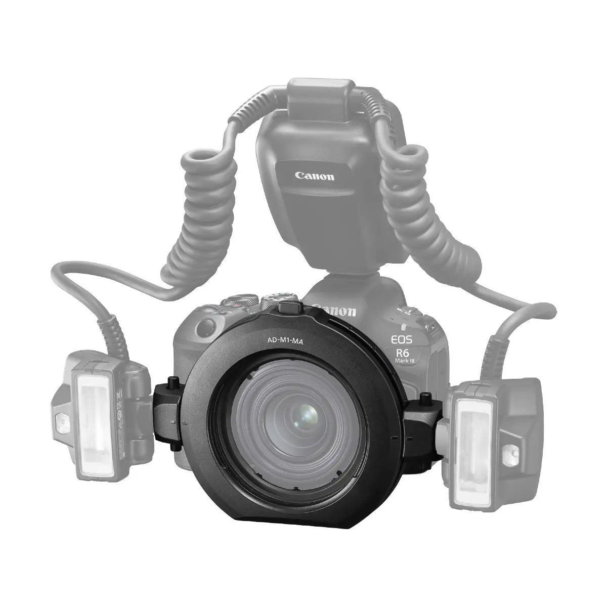 Canon camera with additional lighting equipment on a white background