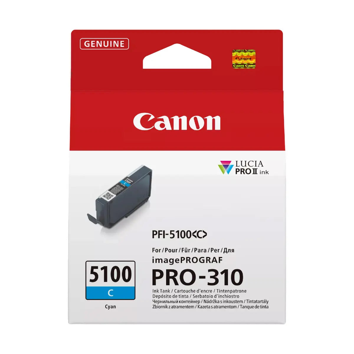 Canon ink cartridge packaging with red top and white bottom displaying product details.