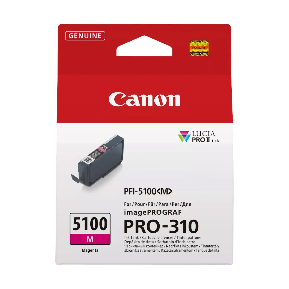 Canon ink cartridge packaging with red top and white bottom displaying product details.