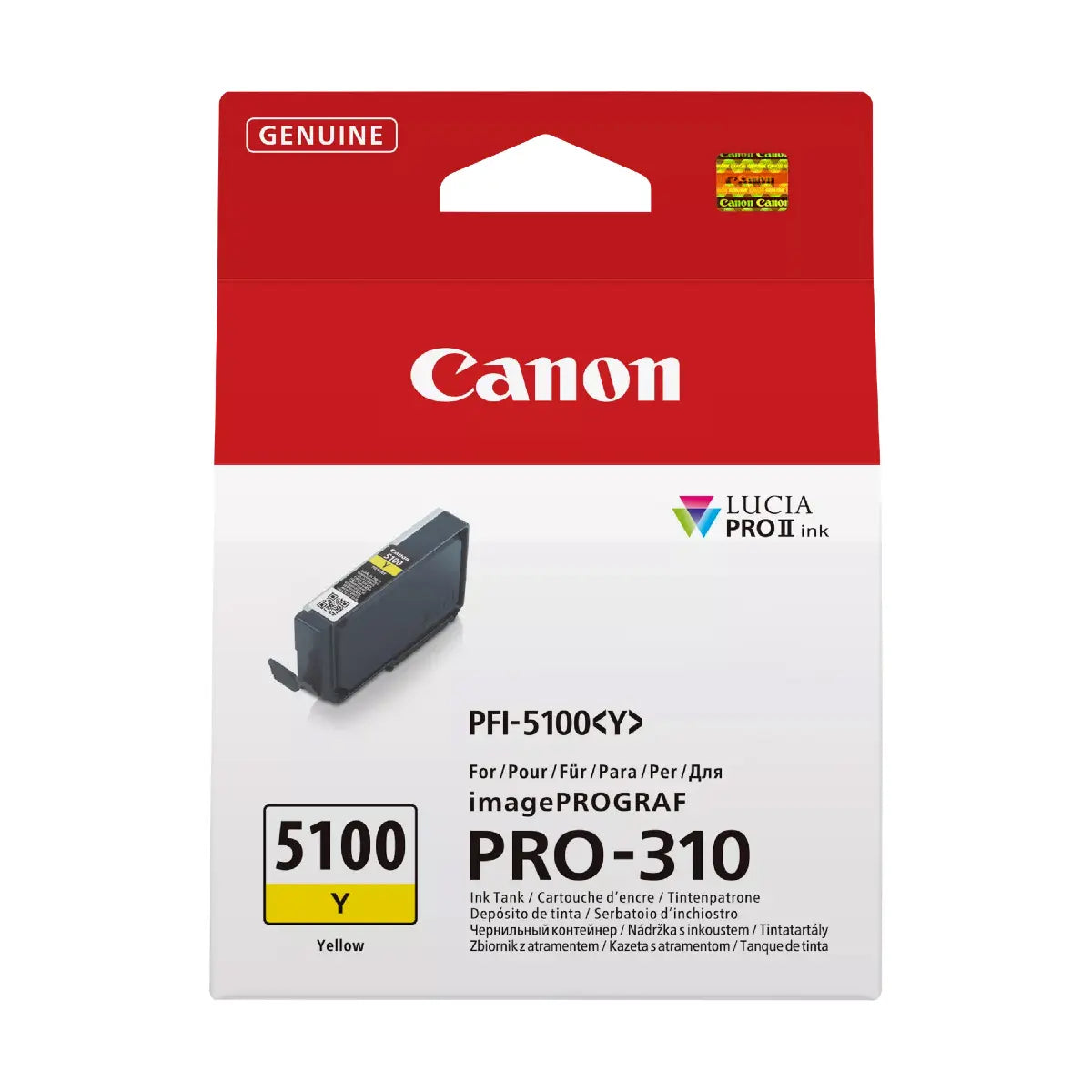 Canon PFI-5100 yellow ink cartridge packaging on a white background