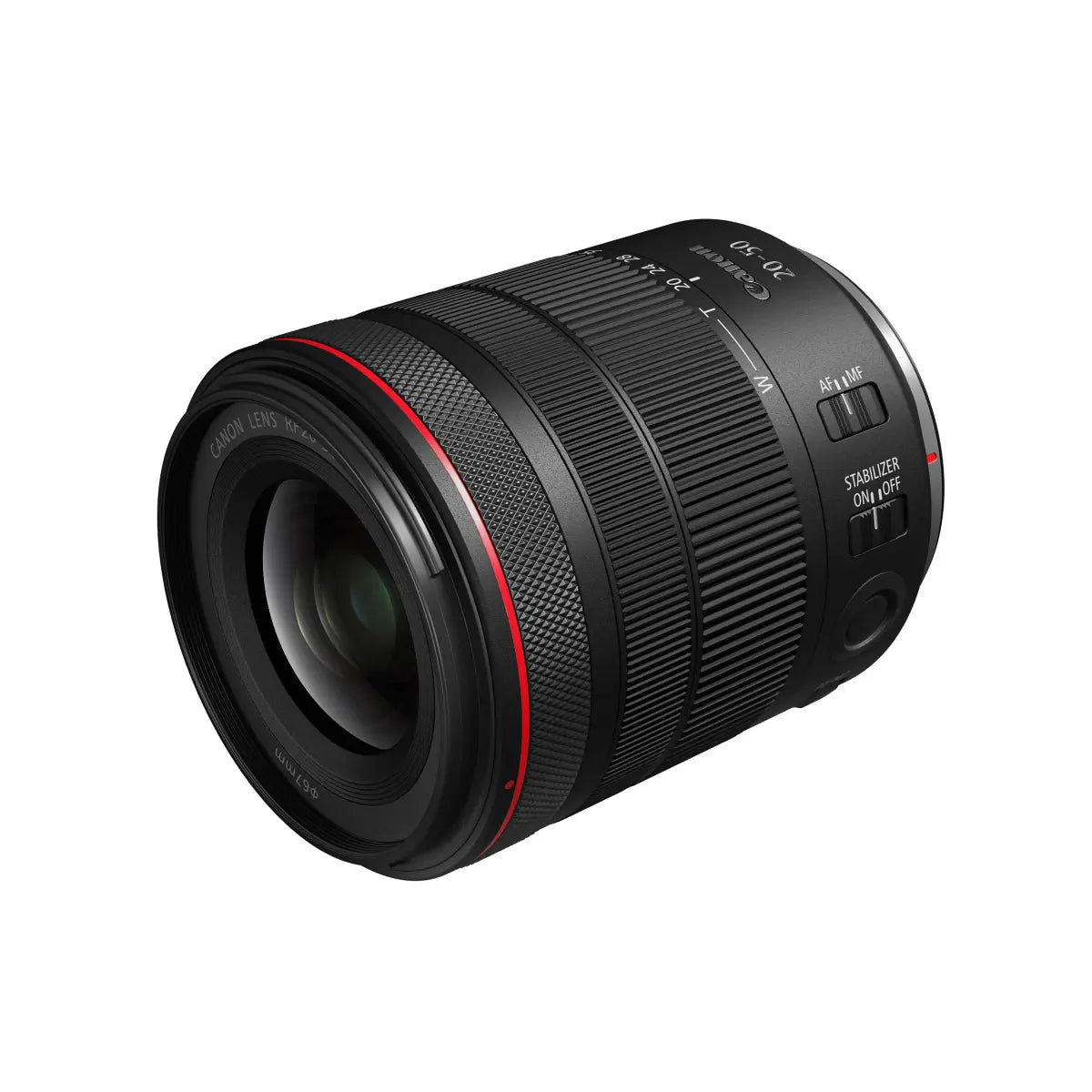 Camera lens with black and red design on a white background
