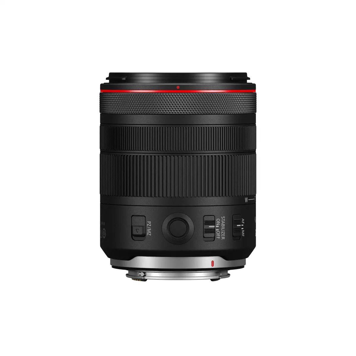 Camera lens with red accent on a white background