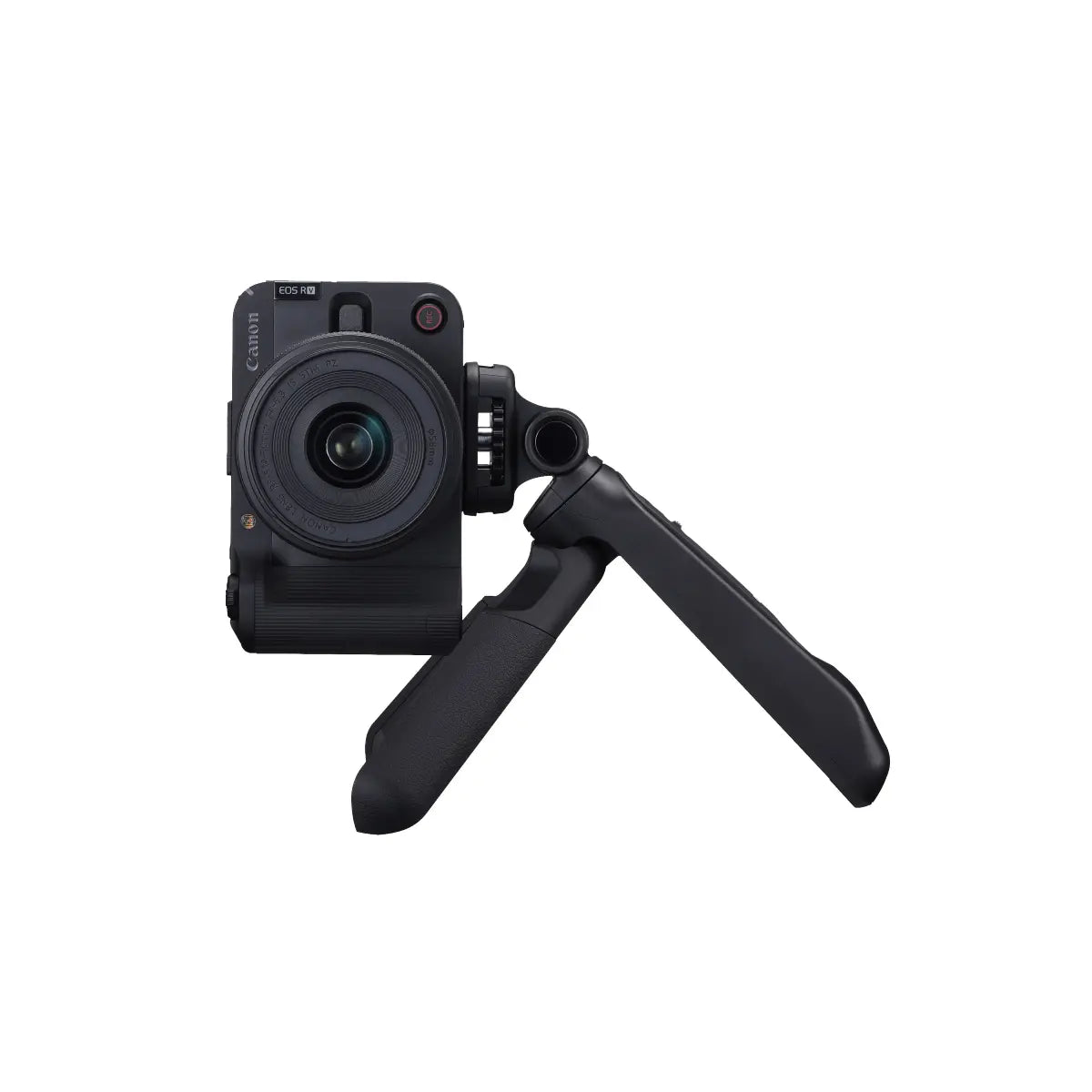 Black camera with a tripod on a white background
