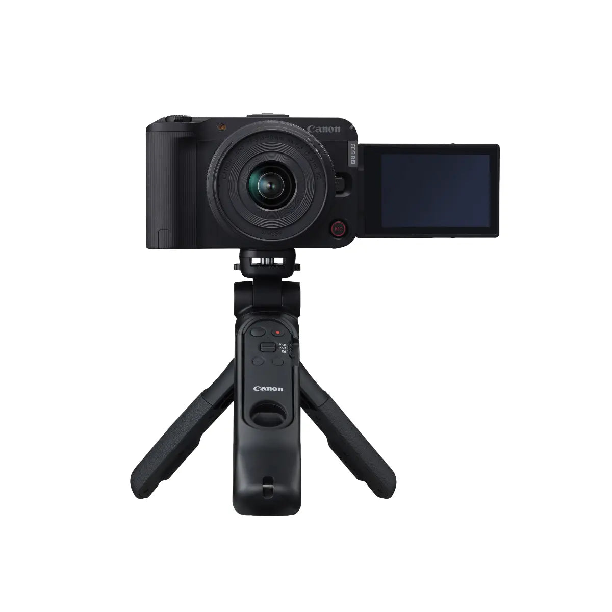 Canon camera with a tripod on a white background