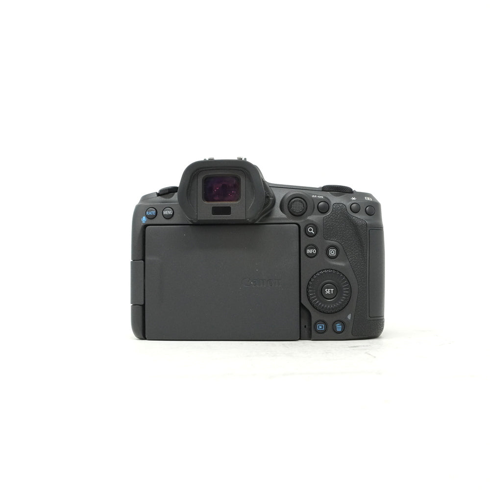 Black camera body on a white background