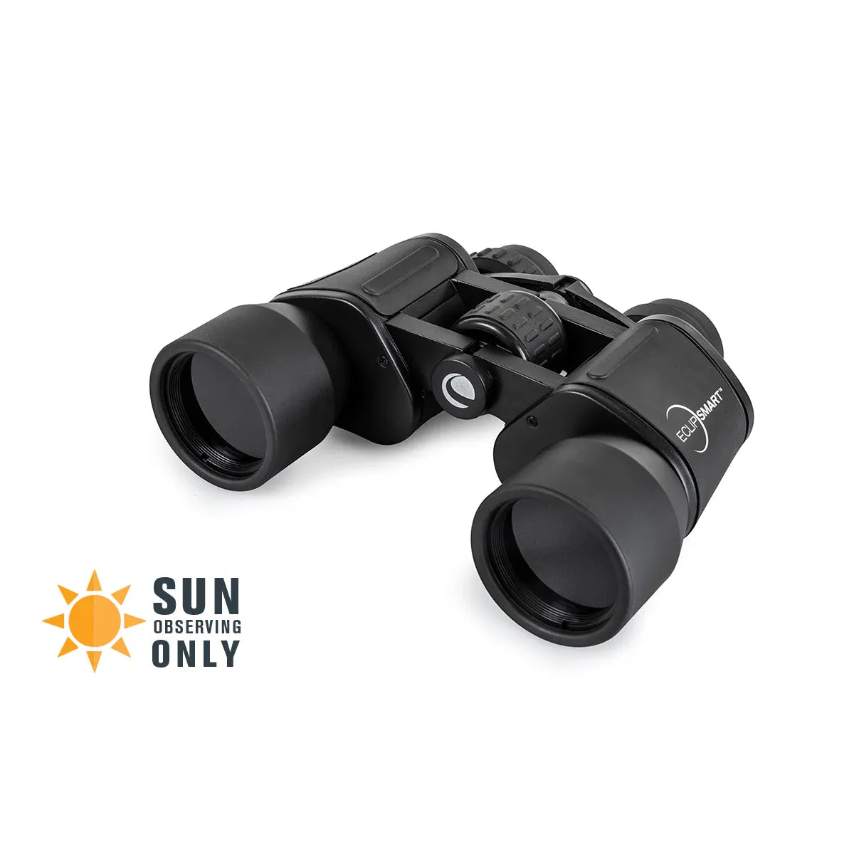 Black binoculars with 'Sun Observing Only' label on a white background