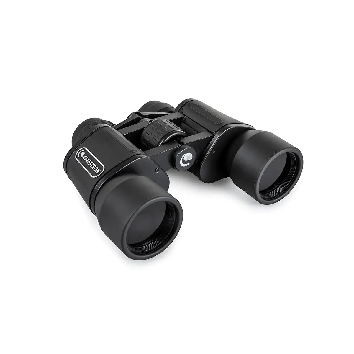 Black binoculars with a brand logo on a white background