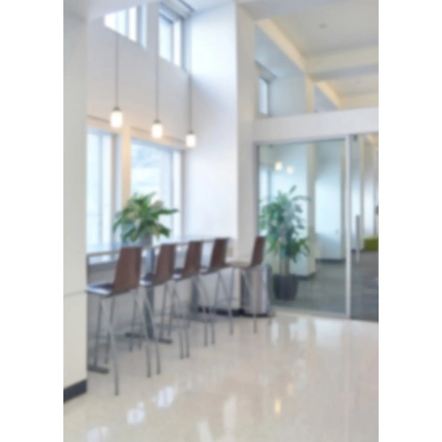 Modern office space with a long table and chairs near large windows.