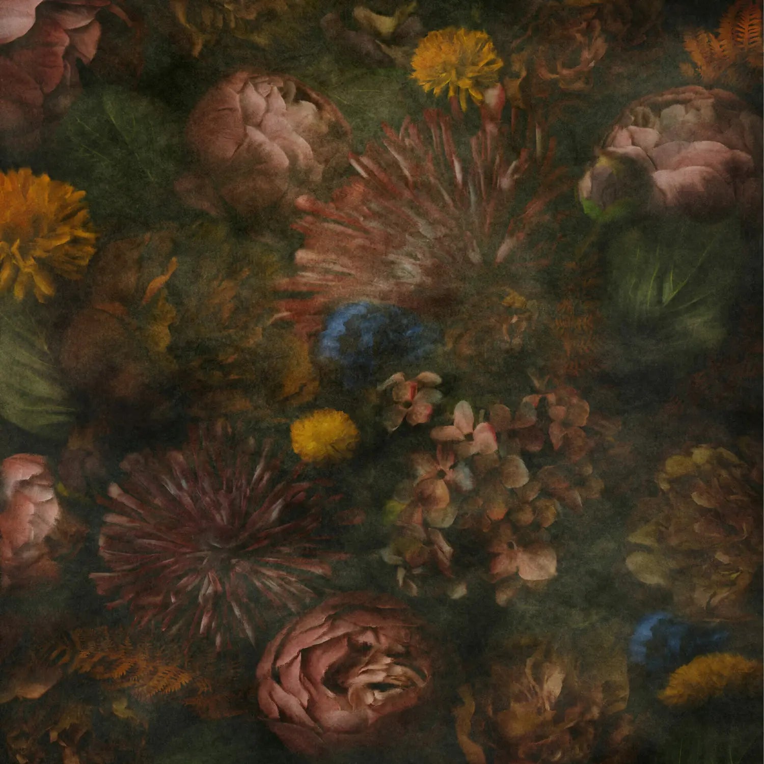 Close-up of a painting of flowers with a dark background