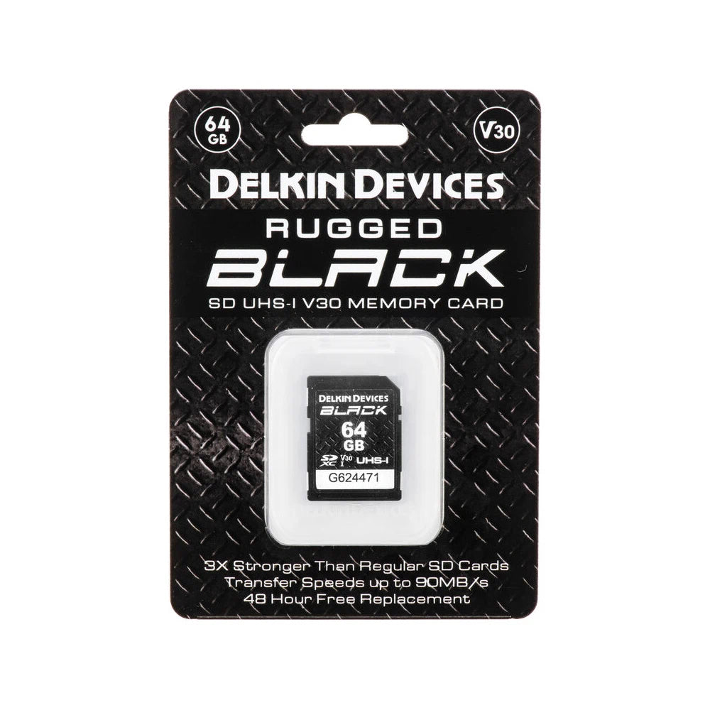 Delkin Devices Rugged Black 64GB SD UHS-I V30 memory card packaging on a white background