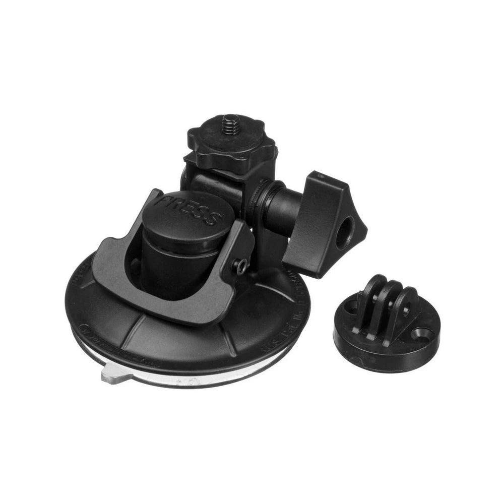Black suction cup mount with additional attachment on a white background