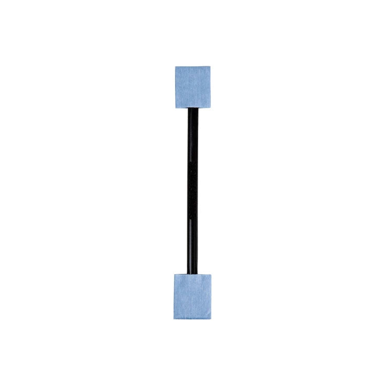 Two blue square filters on a black stand against a white background
