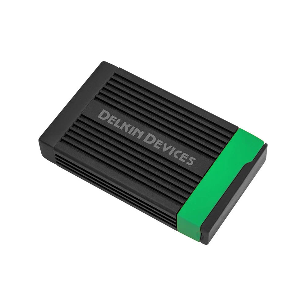 Black external hard drive with green accent and 'Delkin Devices' branding on a white background